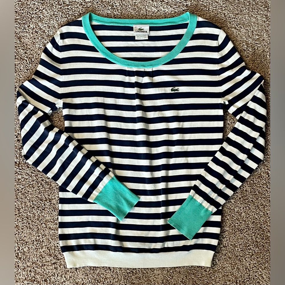 Lacoste Sweater Women Size 44 Navy and White Stripe Lightweight Sweater